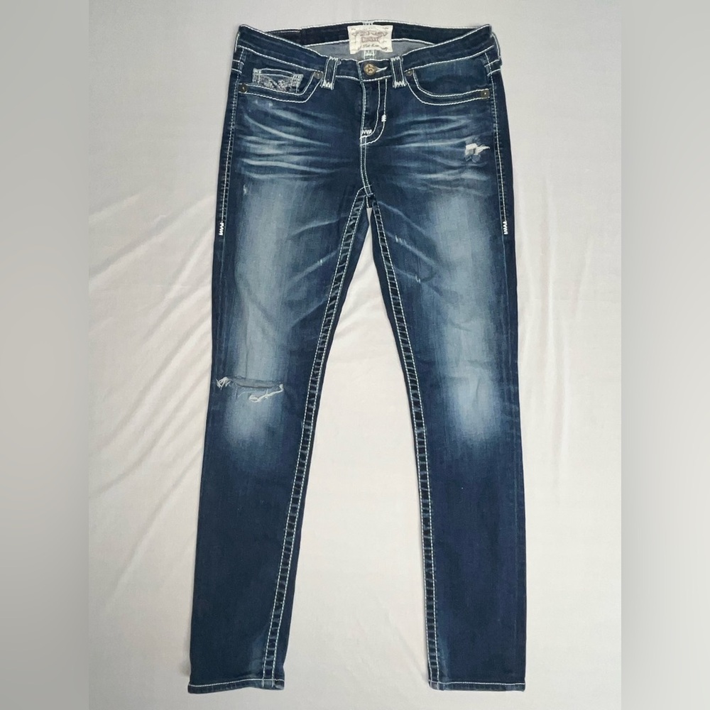 Big Star Liv Mid-Rise Skinny Size 29R Contrast Stitching Distressed Dark Wash